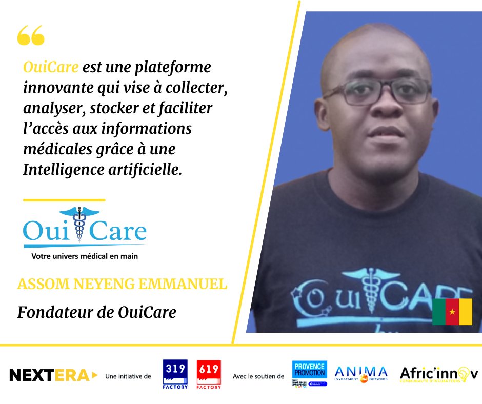 Nextera:
👉Startup du jour! 
@Ouicare 
CEO @emmanuelassomnyeng

Ce programme est soutenu par: 

<a href="/Africinnov/">Afric'innov</a> 
<a href="/Anima_Network/">ANIMA Invest Network</a>   
<a href="/ProvencePromo/">Invest in Provence</a>  
 
#technologie #innovation #santénumérique #startupstudio #nextera