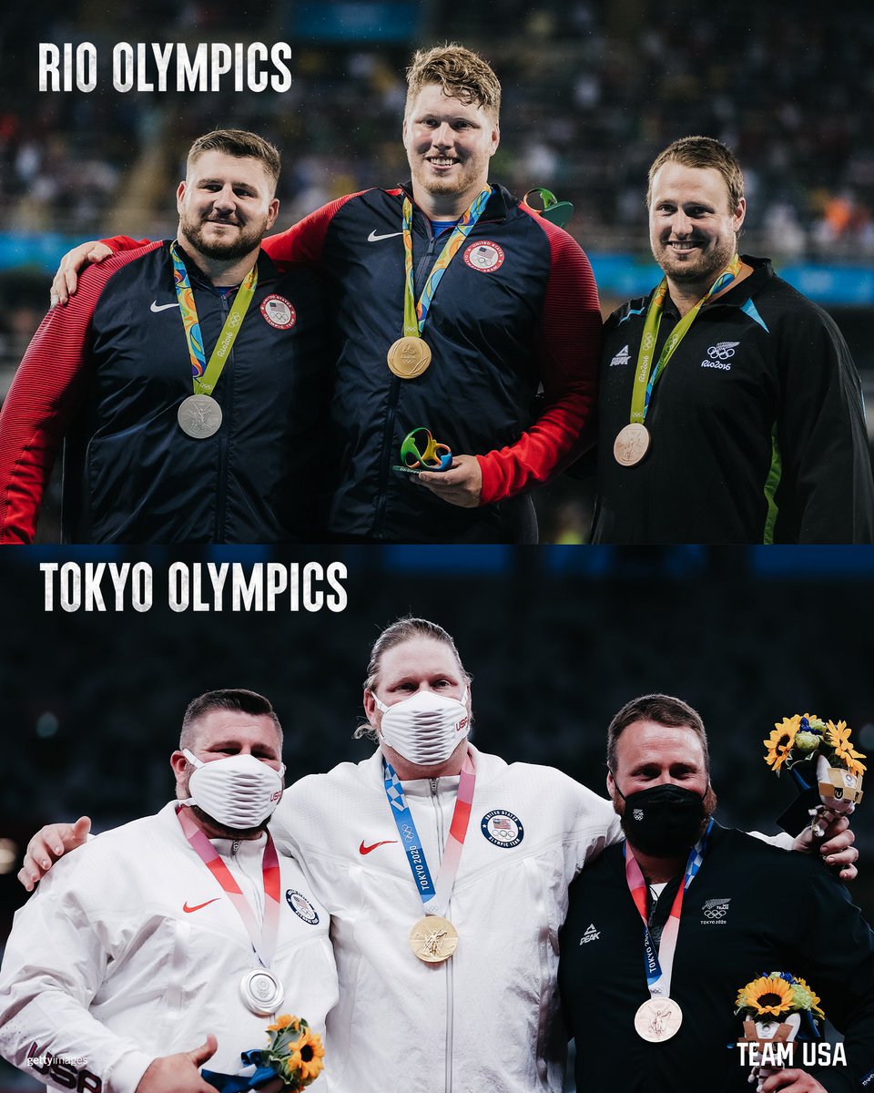 History repeats itself!

The men's shot put was the first individual event in history to have the same podium in consecutive Olympic Games.

Congrats to <a href="/RCrouserThrows/">Ryan Crouser</a> and <a href="/JoeKovacsUSA/">Joe Kovacs</a>! #TokyoOlympics