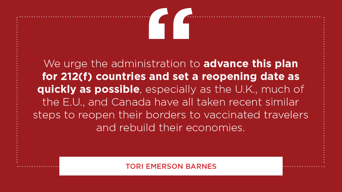 USTravel's tweet photo. BREAKING: U.S. Travel's Executive Vice President of Public Affairs and Policy Tori Emerson Barnes releases a statement on reports that the Biden administration will first reopen its borders to vaccinated travelers → https://t.co/aHGBrZmsYE https://t.co/Ha1gE80Vja