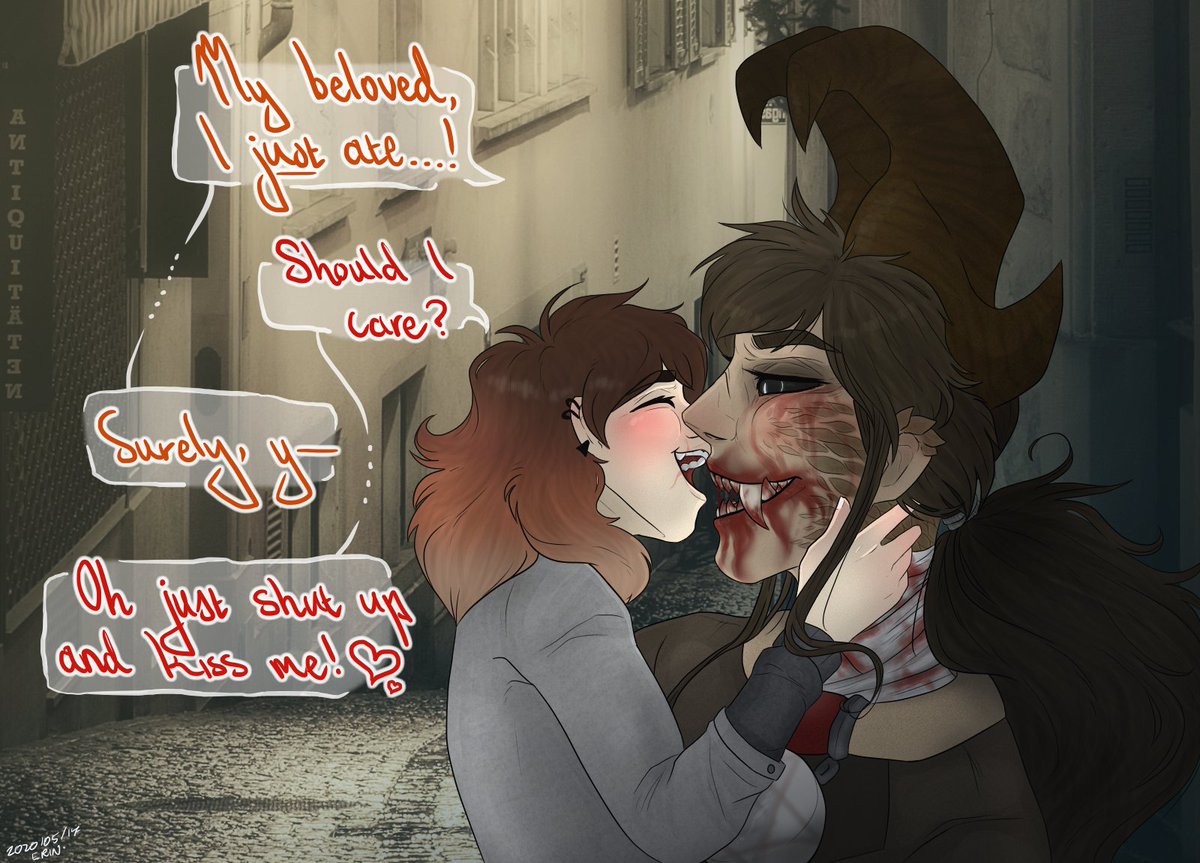 officialTBLTB's tweet photo. CW: Blood.
Would you reaaaally kiss someone with a bloodied mouth?

Last time these two were saucy: https://t.co/sYhxUZDQzU

#digitalart #digital #art #artwork #originalcharacter #giftart https://t.co/OqrhrTFTQM