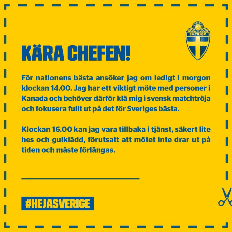 Printscreena, skriv under och skicka in till chefen. Jobbdag, semester eller andra åtaganden - imorgon finns inga ursäkter att missa finalen 💛💙

Mot guldet 𝘁𝗶𝗹𝗹𝘀𝗮𝗺𝗺𝗮𝗻𝘀! 🇸🇪

#Tokyo2020