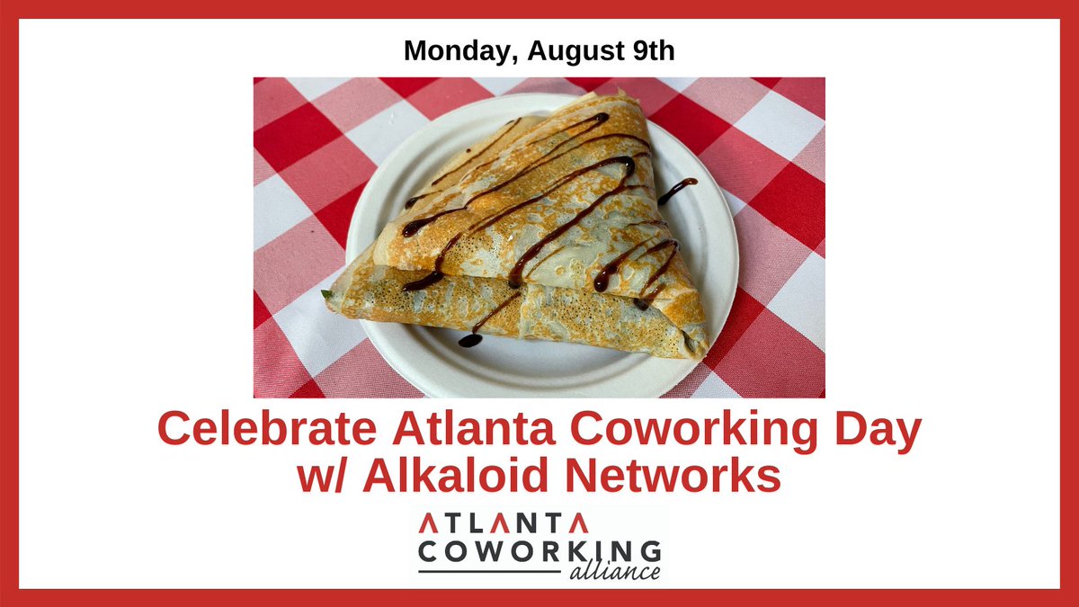 AtlantaCoworkA's tweet photo. .@alkaloidnet will have FREE #coworking, @JuliannasCrepes &amp; @kingofpops &amp; 20% off to 🎉  #atlantacoworkingday.

#coworkingday
#internationalcoworkingday
Better #coworkinglife in the #ATL
#weworkbettertogether
#worknearhome
#atlanta #coworking
#atlantacoworking
#coworkingatlanta https://t.co/gsSErLlYMw