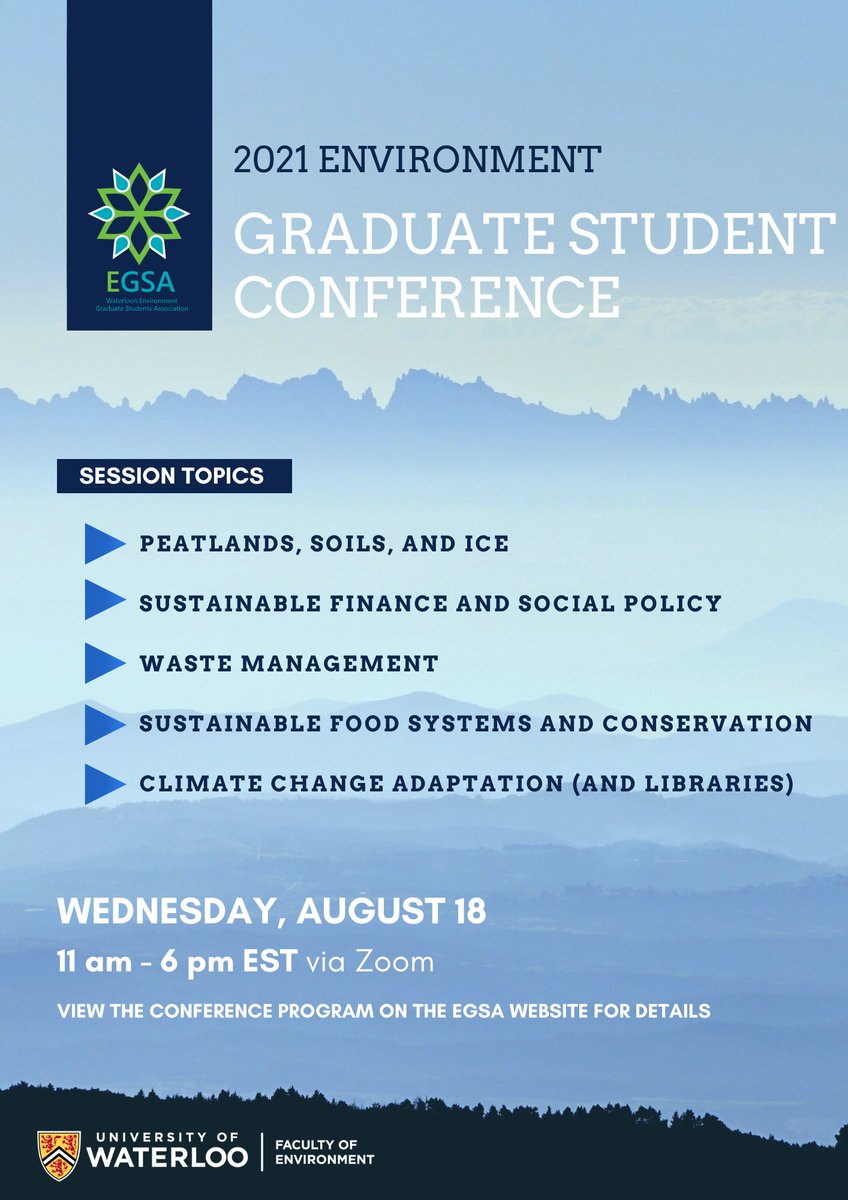 The Environment Graduate Student Conference is on August 18th, from 11am -6pm EST! Featuring a wide array of research, this diverse event will gather environment graduate students from all departments.

Check your UWaterloo email for the conference program book and Zoom link!
