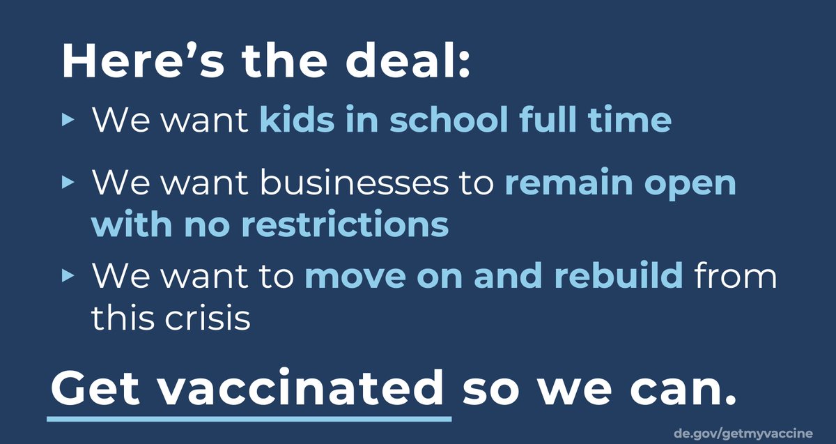 JohnCarneyDE's tweet photo. Here's the deal:

We want kids in school full time.
We want businesses to remain open without restrictions.
We want to move on and rebuild from this pandemic.

Get vaccinated so we can: https://t.co/EcBuQqSrNK https://t.co/CJSkmKznHu