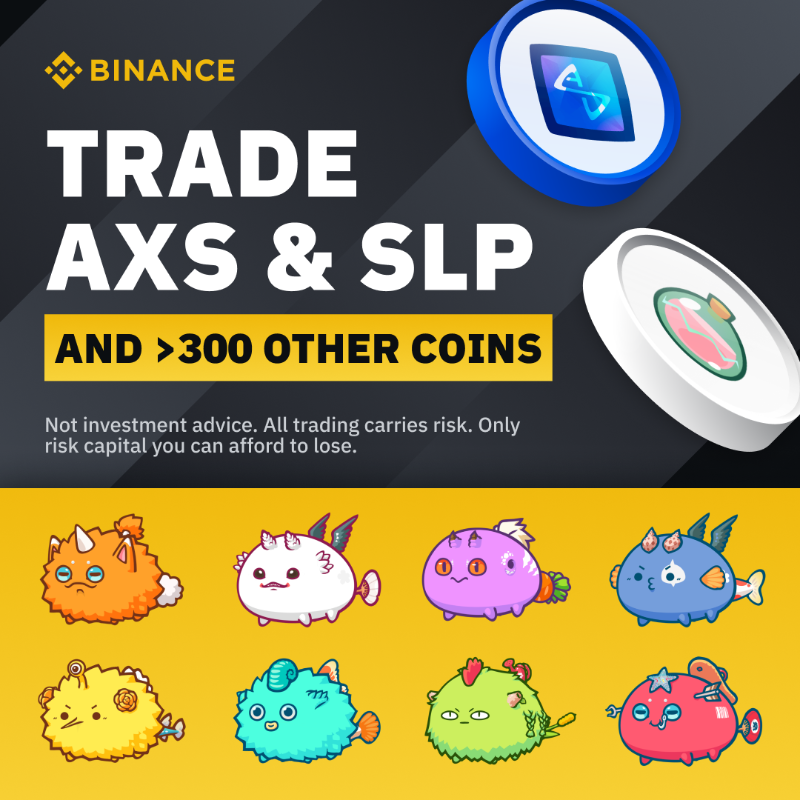 binance's tweet photo. Trade AXS, SLP, and over 300 more cryptocurrencies with the Binance App!