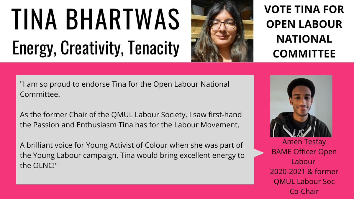 TinaBhartwas's tweet photo. Great to have the endorsement of the talented @AmenTesfay, Open Labour BAME Officer & former QMUL Labour Co-Chair!
It was a pleasure to work with Amen during my Young Labour campaign & during my time as first year rep on the QMUL Labour Society committee.
#OpenLabour #Tina4OL https://t.co/eVqaAaIm8G