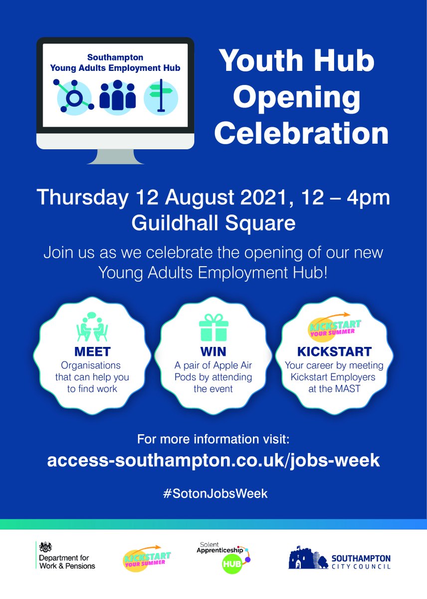 We're taking over <a href="/GuildhallSoton/">GuildhallSquare SO14</a> and <a href="/MASTStudios/">Mayflower Studios</a> next Thursday to celebrate the opening of our Youth Hub!

✅Meet organisations that can support you
✅Speak to local Kickstart employers
✅Visit Southampton's new Youth Hub

Find out more: access-southampton.co.uk/jobs-week/

#SotonJobsWeek