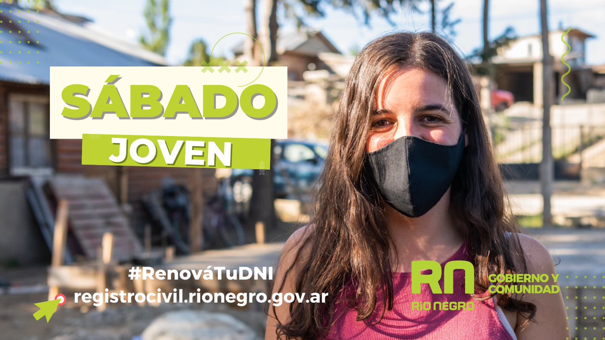 MinGobiernoRN's tweet photo. 🤳VUELVE SÁBADO JOVEN! 

Si tenés más de 14 años y aún no renovaste tu DNI, desde este sábado podés hacer este trámite en las delegaciones de #Bariloche, #Viedma, #Cipolletti y #Roca.  El #RegistroCivil abrirá sus puertas todos los sábados durante agosto y septiembre. https://t.co/bEtFHMXdia