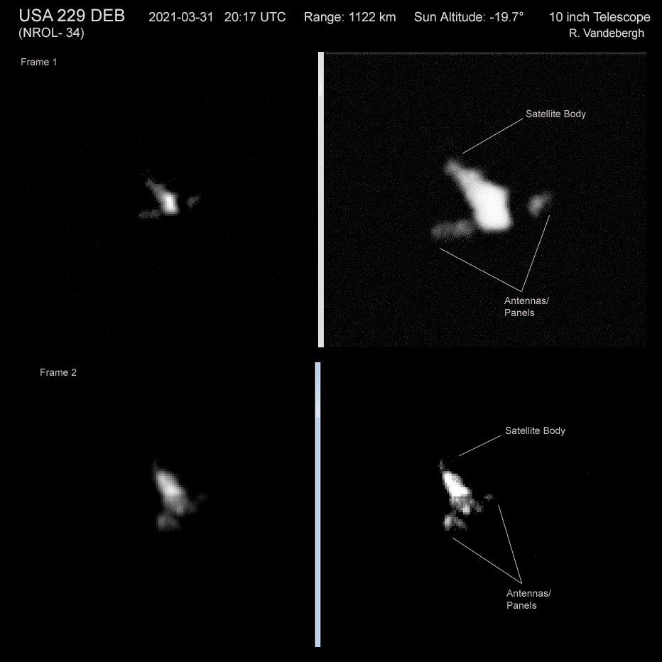 ralfvandebergh's tweet image. First detail images NOSS satellite USA-229 were frames on top and bottom seem to confirm detail. This is the preceding satellite of this NOSS pair. NOSS satellites are very difficult targets for backyard telescopes due to the high altitude of over 1000 km.
