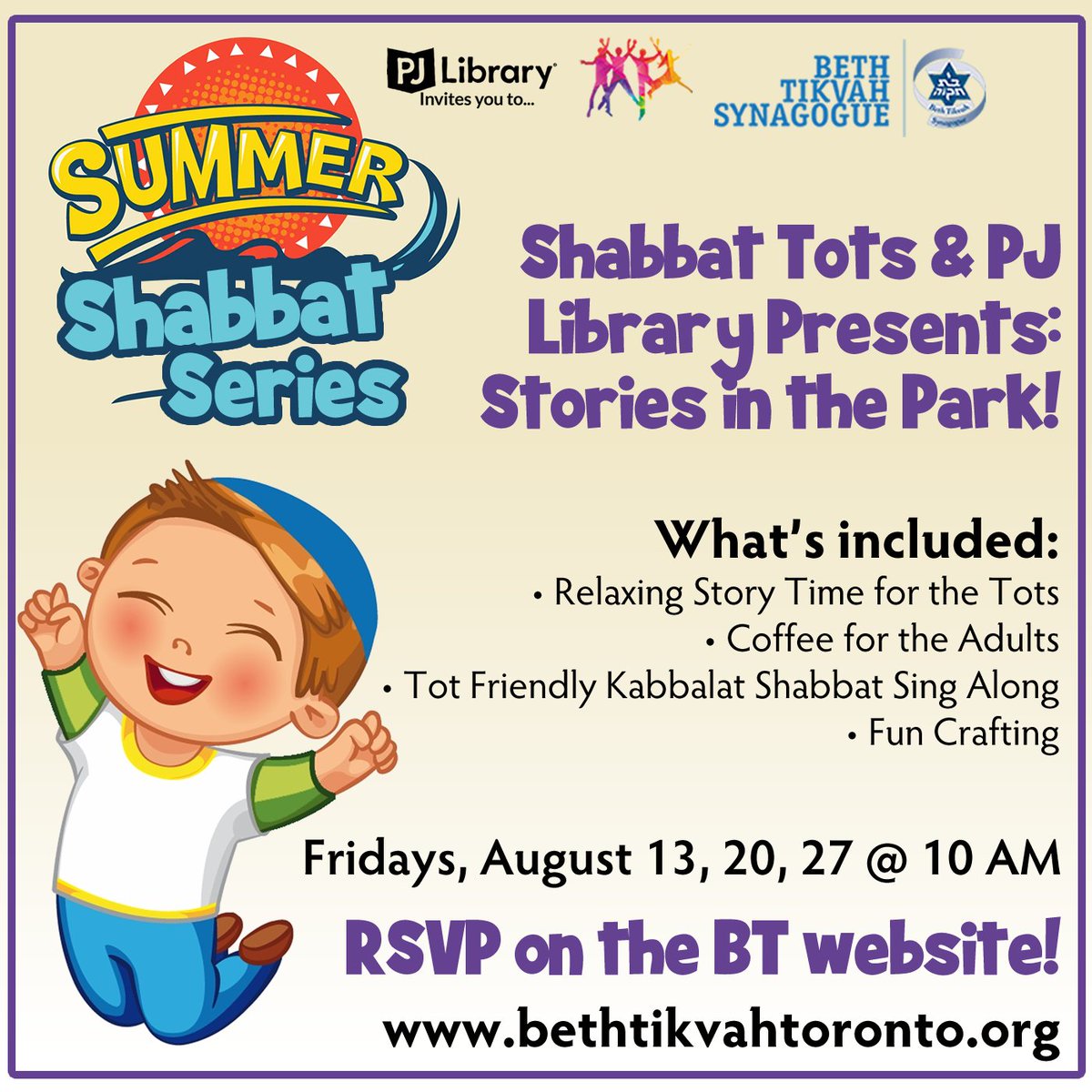 Join us beginning on Friday, August 13 at 10 AM, as we launch 'Shabbat Stories in the Park' in partnership with PJ Library! Included in this program is a Relaxing Story Time for the Tots, Coffee for the Adults, Tot Friendly Kabbalat Shabbat Sing-Along, Fun Crafting and more!