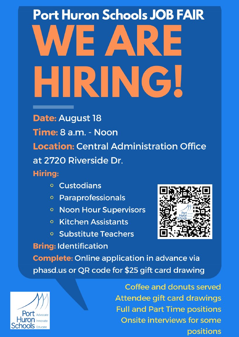 PHSchools's tweet photo. Port Huron Schools employees change the futures of our students and positively impact the community through their important work. Every single staff member in our district is making a difference! 
We invite you to join our #1PHASD family. https://t.co/ngWXpxBwvv
