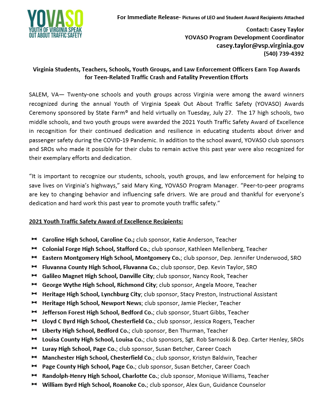 _YOVASO_'s tweet photo. Virginia Students, Teachers, Schools, Youth Groups, and Law Enforcement Officers Earn Top Awards for Teen-Related Traffic Crash and Fatality Prevention Efforts. Read more below! https://t.co/EyzSjrmph4
