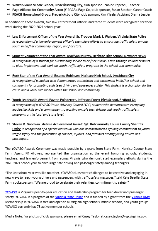 _YOVASO_'s tweet photo. Virginia Students, Teachers, Schools, Youth Groups, and Law Enforcement Officers Earn Top Awards for Teen-Related Traffic Crash and Fatality Prevention Efforts. Read more below! https://t.co/EyzSjrmph4