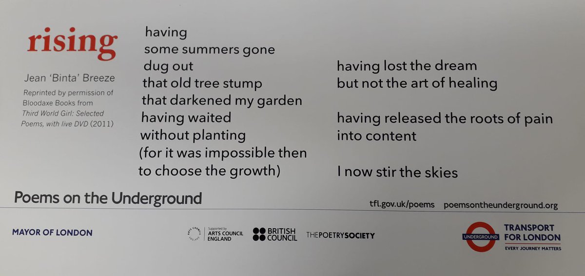 PoetrySociety's tweet photo. “I now stir the skies”
We are so sad to learn of the death of poet Jean Binta Breeze, much loved Jamaican-Londoner.   Sharing below, her poem Rising, recently displayed on the tube as a Poems on the Underground poster. https://t.co/AHs47FAJT6