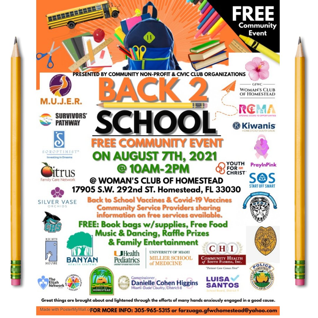 Come Join us this Saturday August 7th @ WOMAN'S CLUB OF HOMESTEAD where we are  supporting our local community  by preparing children for the up coming school year! 

For more information:
 Call- (305)- 965-5315
Email - Forzuaga.gfwchomestead@yahoo.com