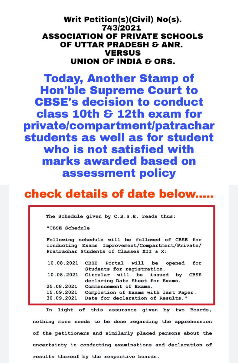 hi_me_kartikey's tweet photo. Another Stamp of @court_india to CBSE's decision to conduct class 12th &amp; 10th exam for private/compartment/patrachar students as well as for those who are not satisfied with marks awarded based on assessment policy

@Architguptajii @AdvMamtaSharma @vani_mehrotra @ActivistSukhpal https://t.co/mPt81zWQxs