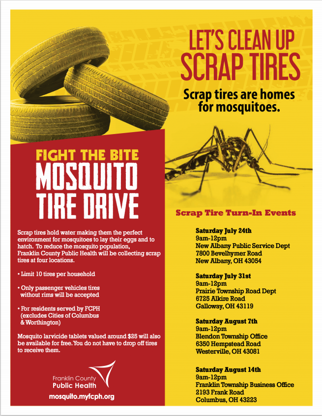 Tire Drop off Day in Franklin Township is on Saturday, August 14th at the Township Hall at 2193 Frank Road from 9 AM to 12 PM.  Please see more information on the flyer below.