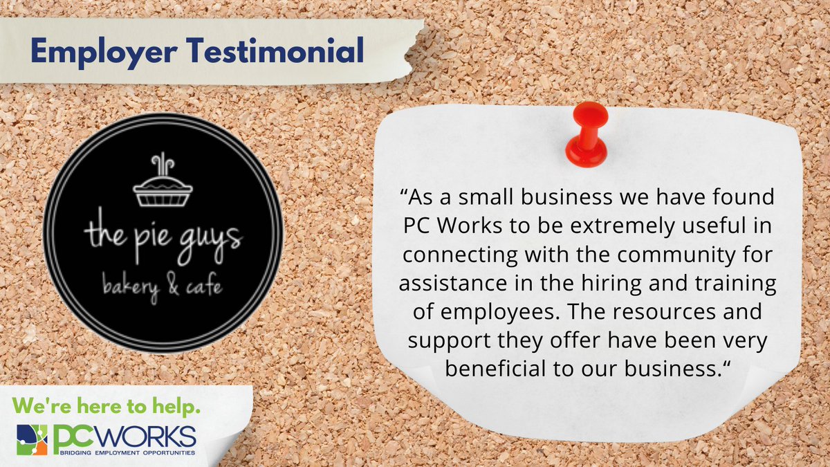 PCWorksEmploy's tweet photo. Niagara Employers: PC Works is here to help with all your recruitment & training needs - but don't take our word for it, see what local employers have to say. Thanks Pie Guys Bakery & Cafe! #wereheretohelp #pcworks #pcworksemployment #niagaraemployers #employertestimonial https://t.co/7UJa31Ve6K