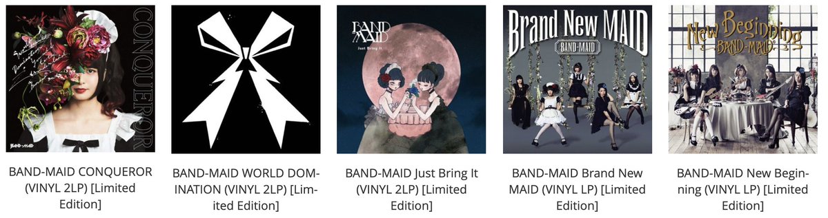 PRE-ORDER LIMITED EDITION BAND-MAID VINYL NOW! bandmaidshop.com/new.html
After many requests from international Masters &amp; Princesses, BAND-MAID offers 5 rare analog gems. Don't miss them for your collection! Only available while supplies last. Shop Now. We ship worldwide. #bandmaid
