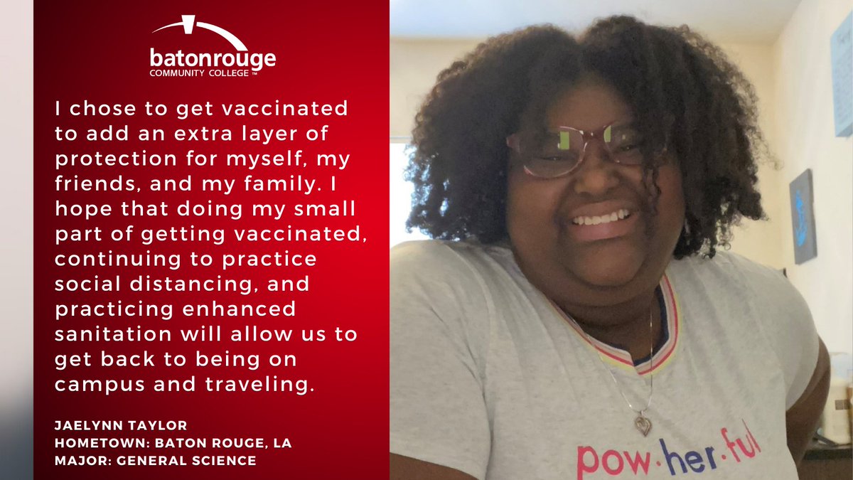 MyBRCC's tweet photo. #MyBRCC students are getting their vaccine to help fight #COVID19. Jaelynn Taylor said she got the vaccine to return to in-person classes and to begin traveling again. Please get #vaccinated. Call 211, text your zip code to GETVAX (438829) or visit https://t.co/48krun5EcC. https://t.co/5iQ2nt4RcW