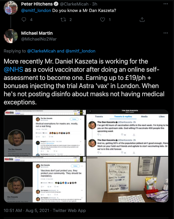 <a href="/MailOnline/">Mail Online</a> What is going on over there? Earlier your employee was harassing me with a bogus claim about my identity, now he is involved in an organized attempt by anti-vaxxer to harass a someone who volunteered to administer coronavirus vaccinations.