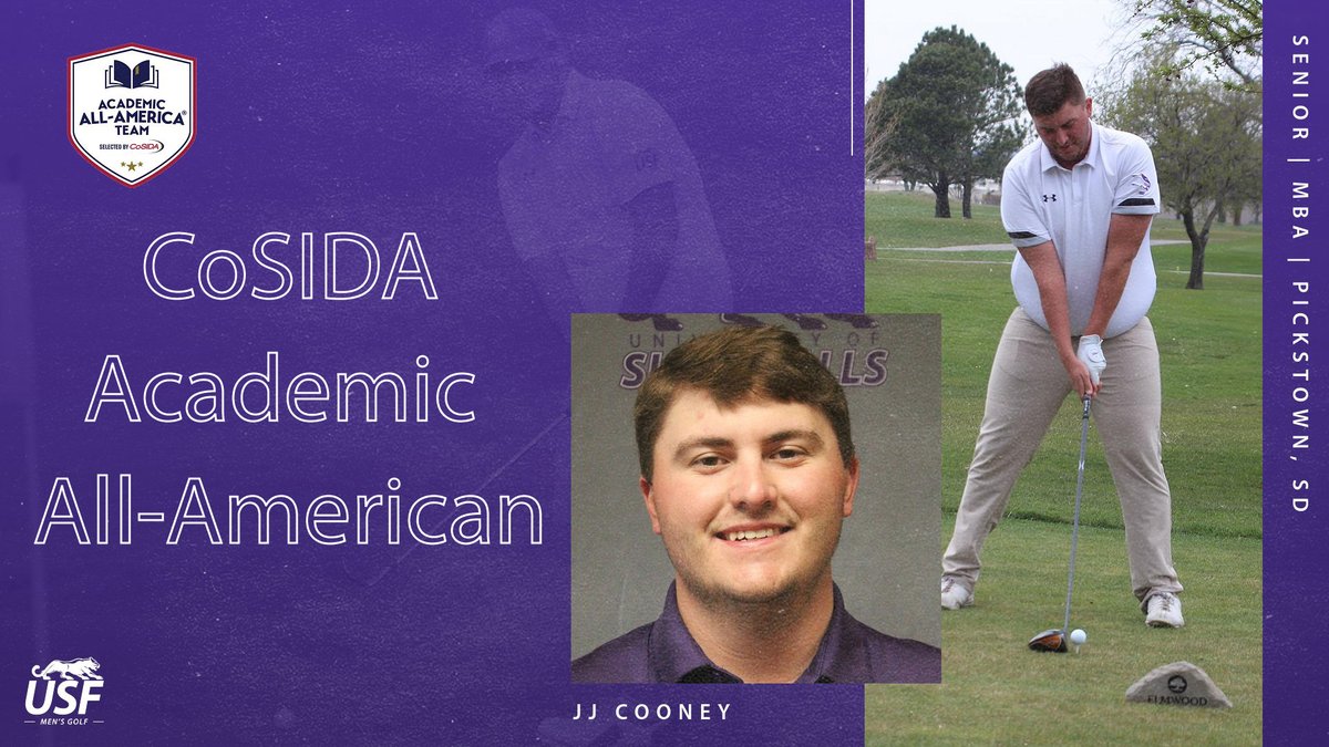 USFCougars_'s tweet photo. .@HurricaneCooney becomes first-ever @USiouxFallsGolf Men's golfer selected First Team @CoSIDAAcadAA Academic All-American. He is one of 16 nationally named to the first team.

Story > > > > https://t.co/DClJFTO6RI

#CongratsJJCooney #CooFam #CooDNA https://t.co/2OwjZEaTQT