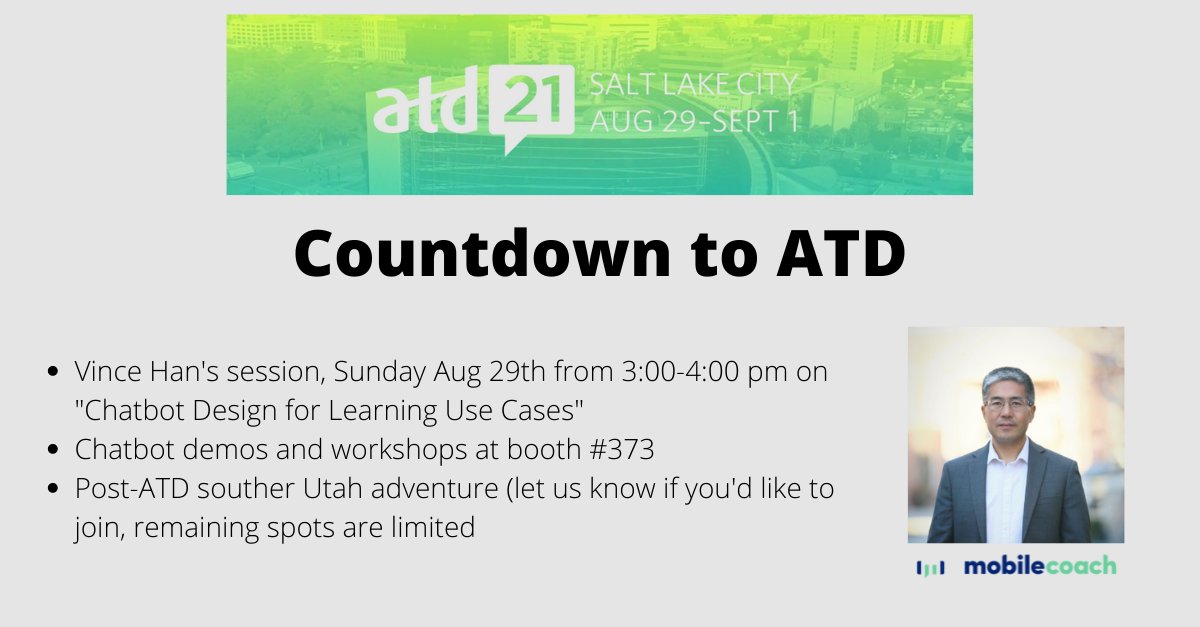 The countdown begins!

Want to find out where our booth will be located, what sessions we recommend, as well as other important #atd2021 notes? Click here! 

mobilecoach.com/atd-conference/