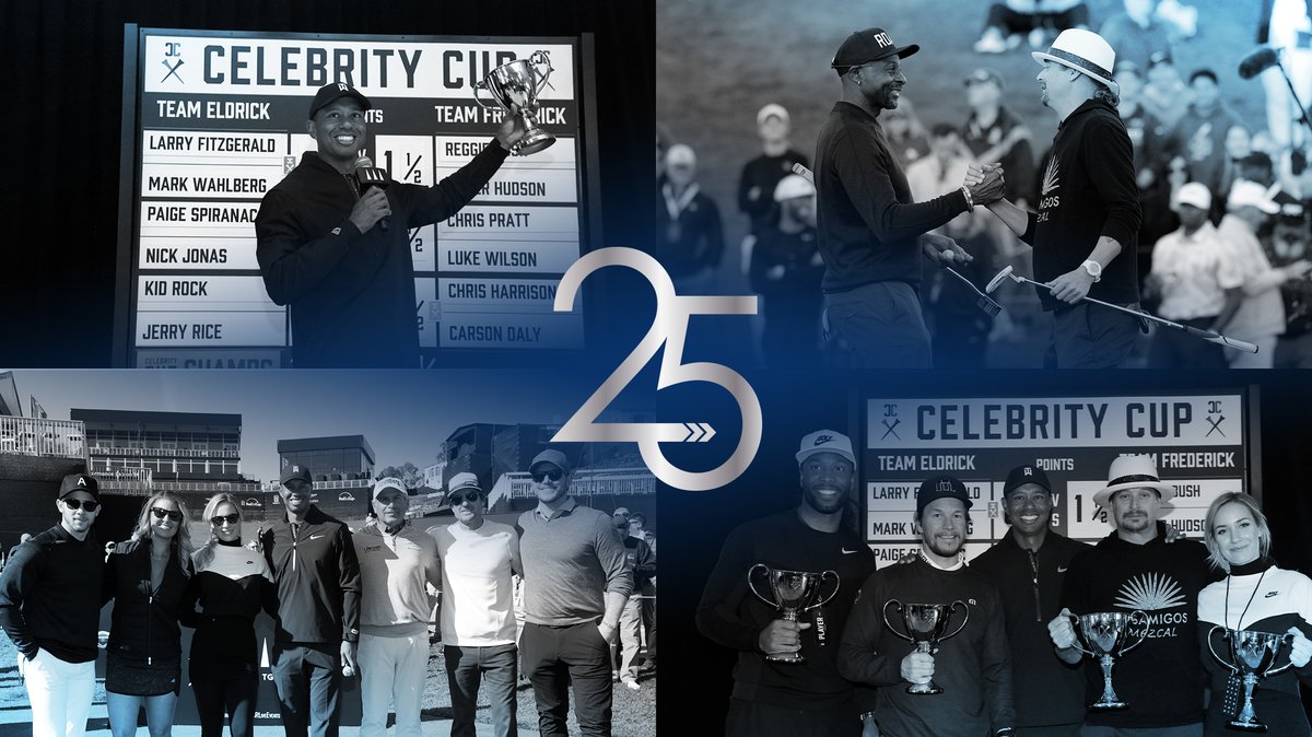 TGRLiveEvents's tweet photo. In 2019, #TGRLive launched #CelebrityCup to kick off @thegenesisinv. In this special event, hosted by @tigerwoods, two teams of six celebrities each squared off against each other in a team match-play on Riv’s closing nine. #25YearsOfImpact https://t.co/TNasPifgDk