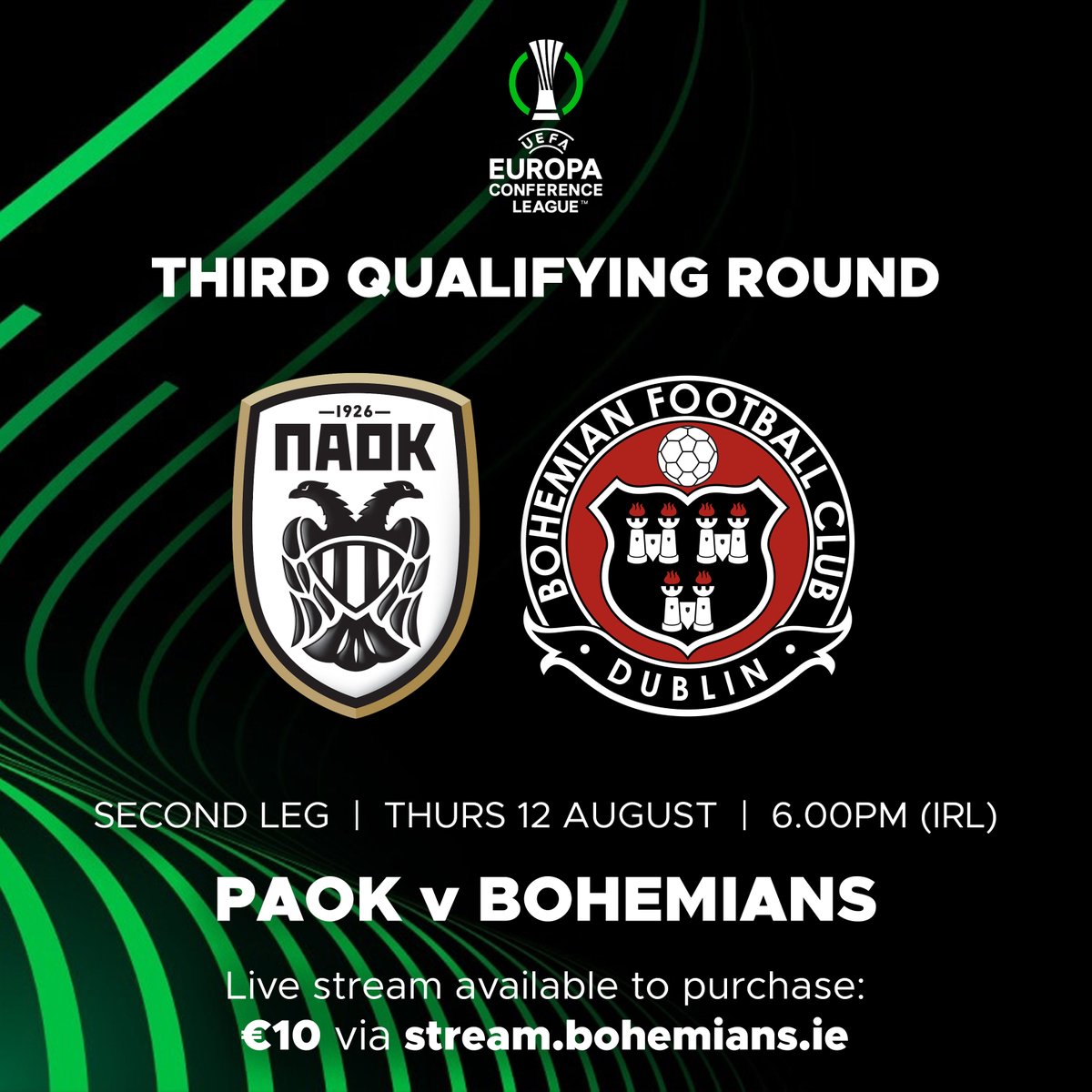 📺 Bohemians can confirm that a stream for next Thursday’s Europa Conference League qualifier away to PAOK is now available to purchase for €10 at stream.bohemians.ie

🎙️ We are also delighted to confirm that Stephen Doyle will commentate live from Thessaloniki.