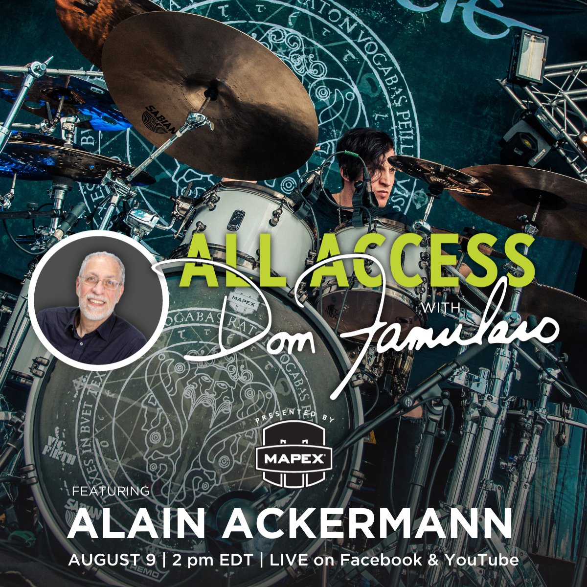 The next guest on All Access with Dom Famularo will be Mapex artist Alain Ackermann! Join us Monday, August 9th at 2pm ET on our Facebook or YouTube for this interview! #mapex #mapexdrums @DomFamularo