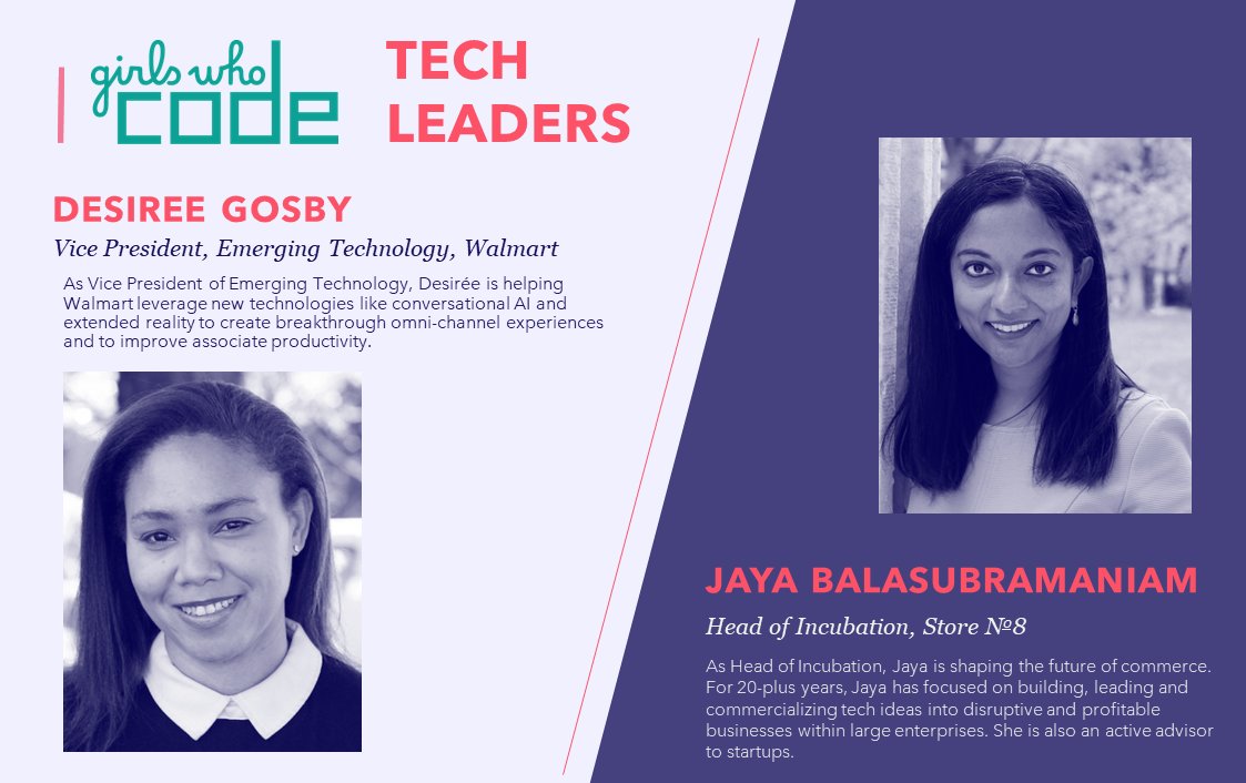 We were thrilled to speak with aspiring leaders from <a href="/GirlsWhoCode/">Girls Who Code</a>. <a href="/storeno8/">Store Nº8</a>'s Jaya Balasubramaniam, and Desirée Gosby of <a href="/Walmarttech/">Walmart Global Tech</a>, shared their tech leadership journeys, and the innovations <a href="/Walmart/">Walmart</a> is building to power the future of commerce.