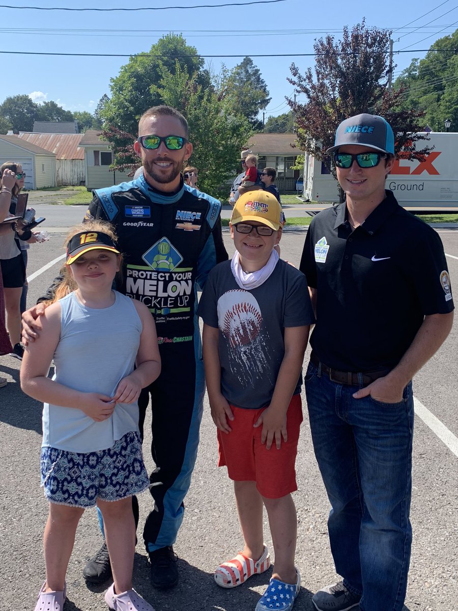 Thank you @RossChastain @chadchastain36 for taking the time for a picture and to talk to my kids this morning #GoBowlingAtTheGlen #BuckleUpNY #ProtectYourMelon