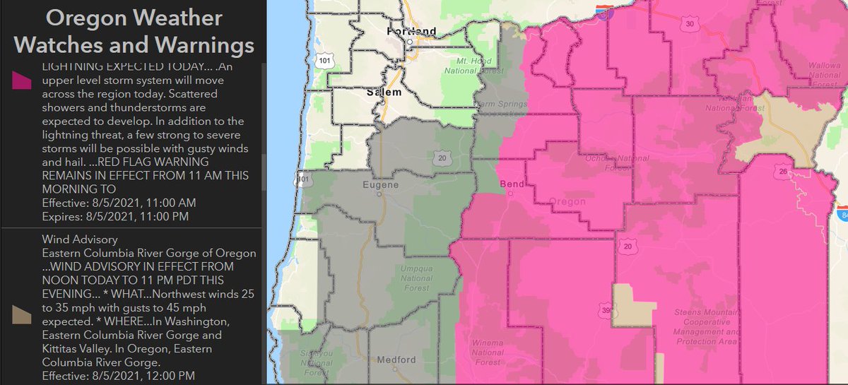 OEM's Hazard Situation Overview dashboard "Weather" tab shows Red Flag Warnings and Wind Advisories across Oregon.