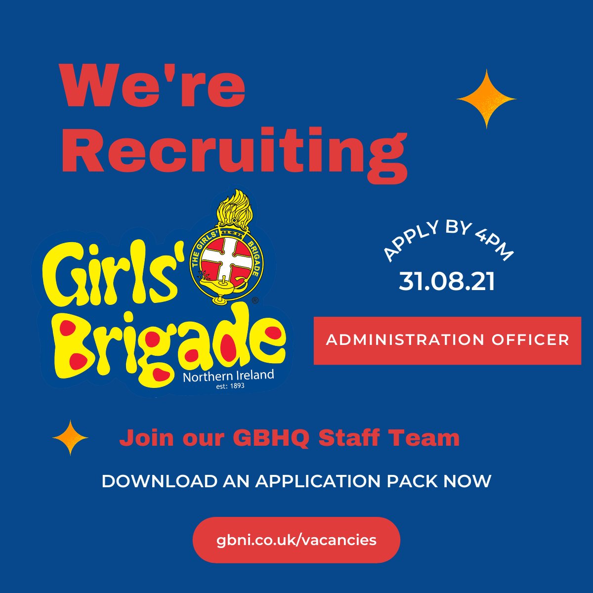 GBNI recruiting for an Administration Officer to join our Staff Team at GBNI Headquarters.  If interested in applying for this post, please visit gbni.co.uk/vacancies for an Application Pack.  Completed application forms must be submitted to GBHQ no later than 4pm on 31.08.21.