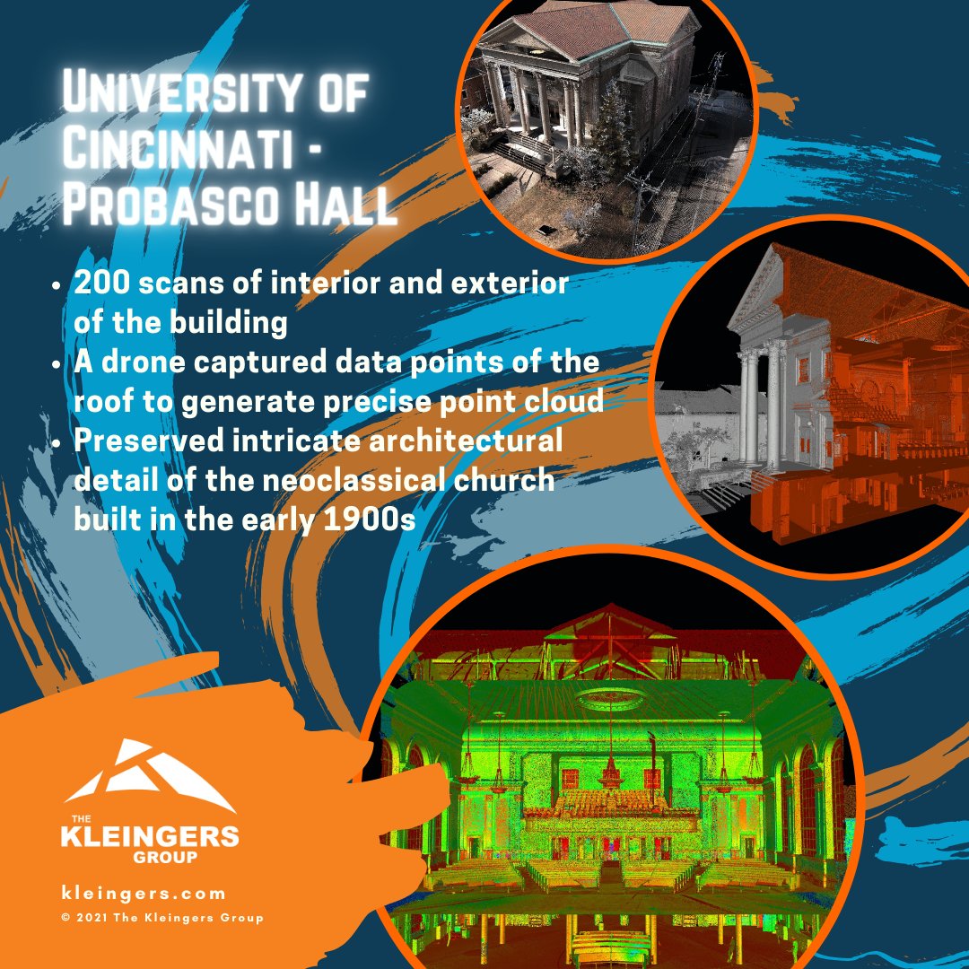 kleingers's tweet image. This #DowntownThursday features Kleingers' sister company, @True_Scan. Our #3dlaserscanning and #UAV professionals spent two days @ UC's Probasco hall, capturing every #architectural detail. The #pointclouds precision removed any unknowns, keeping renovations on budget &amp;amp; on time.