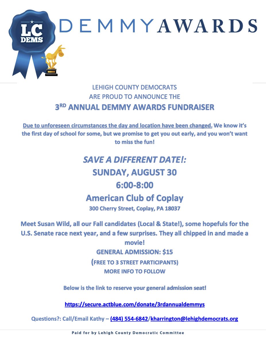 LehighCoDems's tweet photo. UPDATED DATE &amp; LOCATION - 3rd Annual Demmys! - https://t.co/FcaDIVB6AZ https://t.co/O4HMp6TN9Y