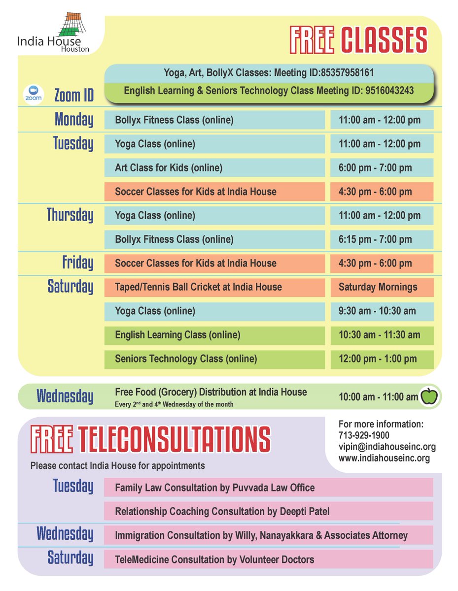 indiahouse's tweet image. India House offers a myriad of free programs and services to keep our community members mentally and physically fit. 
Don&apos;t forget to mark your calendars with your favorite classes!
#freevirtualclasses #communityservice #communitysupport #soccerclasses #artclasses