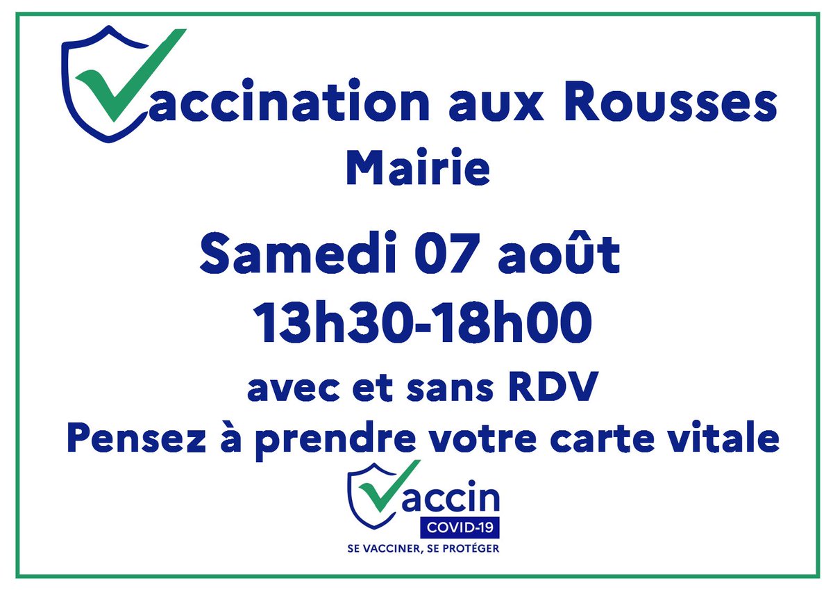 Prefet39's tweet photo. 💉 Opération de #vaccination à la @MairieRousses ce samedi 07 août 13h30-18h00 (avec ou sans rdv)
➡ RDV : https://t.co/yj46Zo0vuV
Pensez à votre carte vitale ❗️ https://t.co/BOn0Znkj9u