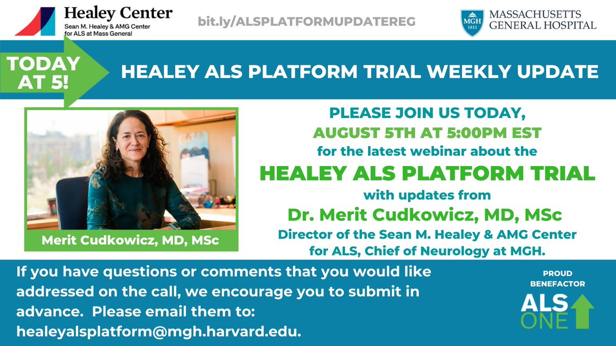 alsone_official's tweet photo. Tonight @ 5pm: the wkly #HealeyALSPlatformTrial updates with @MeritCudkowicz of @MGHNeurology. Submit any Q's you'd like addressed to: healeyalsplatform@mgh.harvard.edu. Reg for free@
https://t.co/tUAcOwblwG. #ALS #PlatformTrial #ClinicalTrial #ALSHope
#HealyHope #Unity #EndALS https://t.co/PuiwlVNRPE