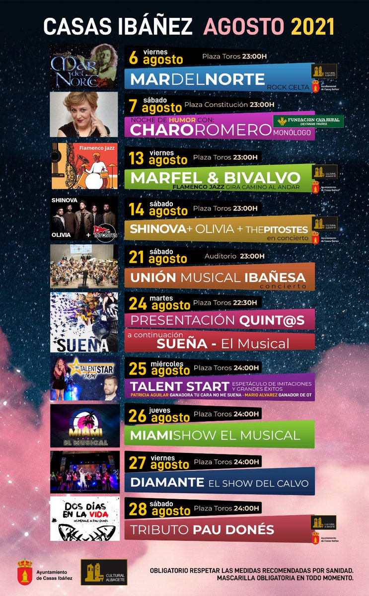 Actividades culturales Agosto 2021
Casas Ibáñez
Este año en agosto tenemos un gran número de actividades culturales en Casas Ibáñez.

Empezaremos el viernes 6  con MARDELNORTE (Rock Celta), humor con Charo Romero, Flamenco jazz con Marfel &amp; Bivalvo,

casarurallabodeguilla.com/actividades-cu…