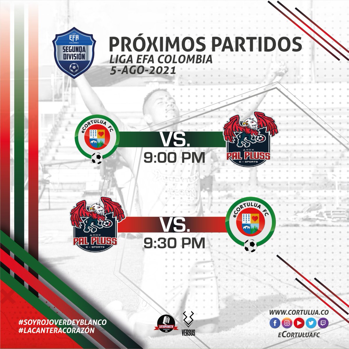 eCortuluaFC's tweet photo. Esta noche jugaremos los CUARTOS DE FINAL de la Liga EFA Colombia - Segunda División. Estamos muy cerca del ascenso y del titulo y esperamos lograr la victoria en esta llave tan importante.
🔴🟢⚪
#cortuluá
#equipocorazón
#soyrojoverdeyblanco https://t.co/pwkoFV2NGc