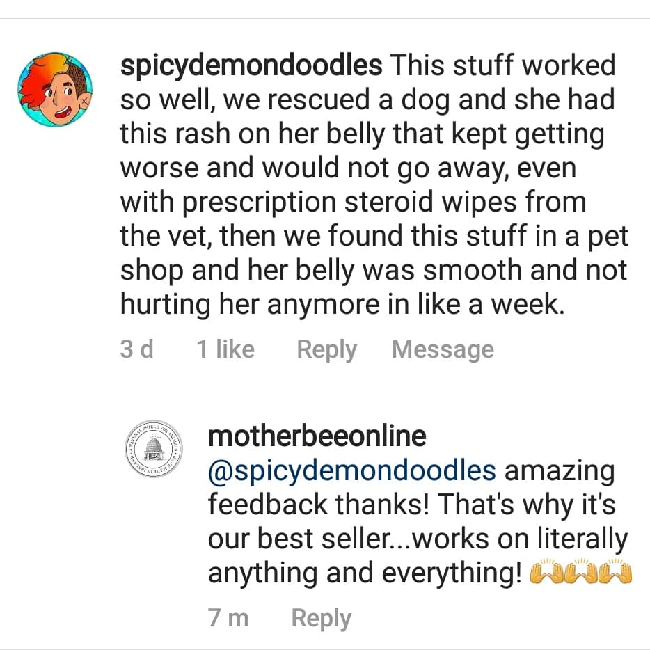 Mother_Bee's tweet photo. Feedback...what drives us to make our products the best! 🥇
•
Swipe ⏪ to read how our Soothe and Protect out performed prescription steroids for one poorly pooch...@spicydemondoodles 🐶
•
#motherbeeonline #motherbee #beeswax #animalcare #Dogs #canine #dogsdaily #dogslife https://t.co/HLu3h3S4O8