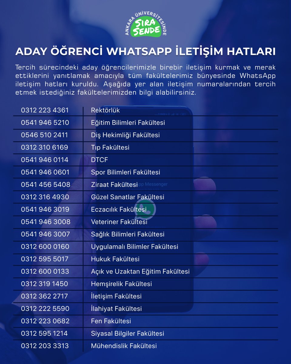 📱Aday Öğrenci WhatsApp İletişim Hatları

Tercih sürecindeki aday öğrencilerimizle birebir iletişim kurmak ve merak ettiklerini yanıtlamak amacıyla tüm fakültelerimiz bünyesinde WhatsApp iletişim hatları kuruldu.

➡ adayogrenci.ankara.edu.tr/2021/08/05/ada…

#AnkaraÜniversitesindeSıraSende