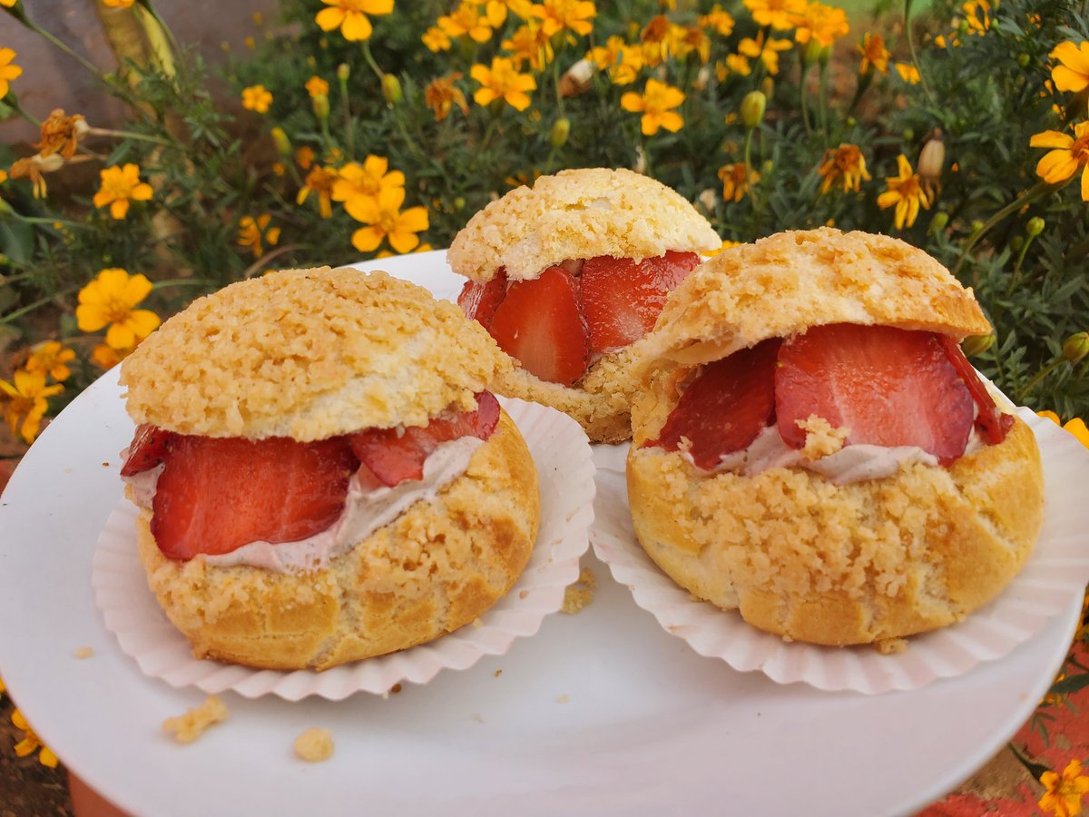 DelightsOlga's tweet photo. Choux au Craquelin. 
The Craquelin gives what would otherwise be creampuffs a crispy and buttery sweet bite. They're made from choux pastry( the same pastry used to bake eclairs) and filled with cream. 😋
#OlgasExperiments https://t.co/fGC87oLxls