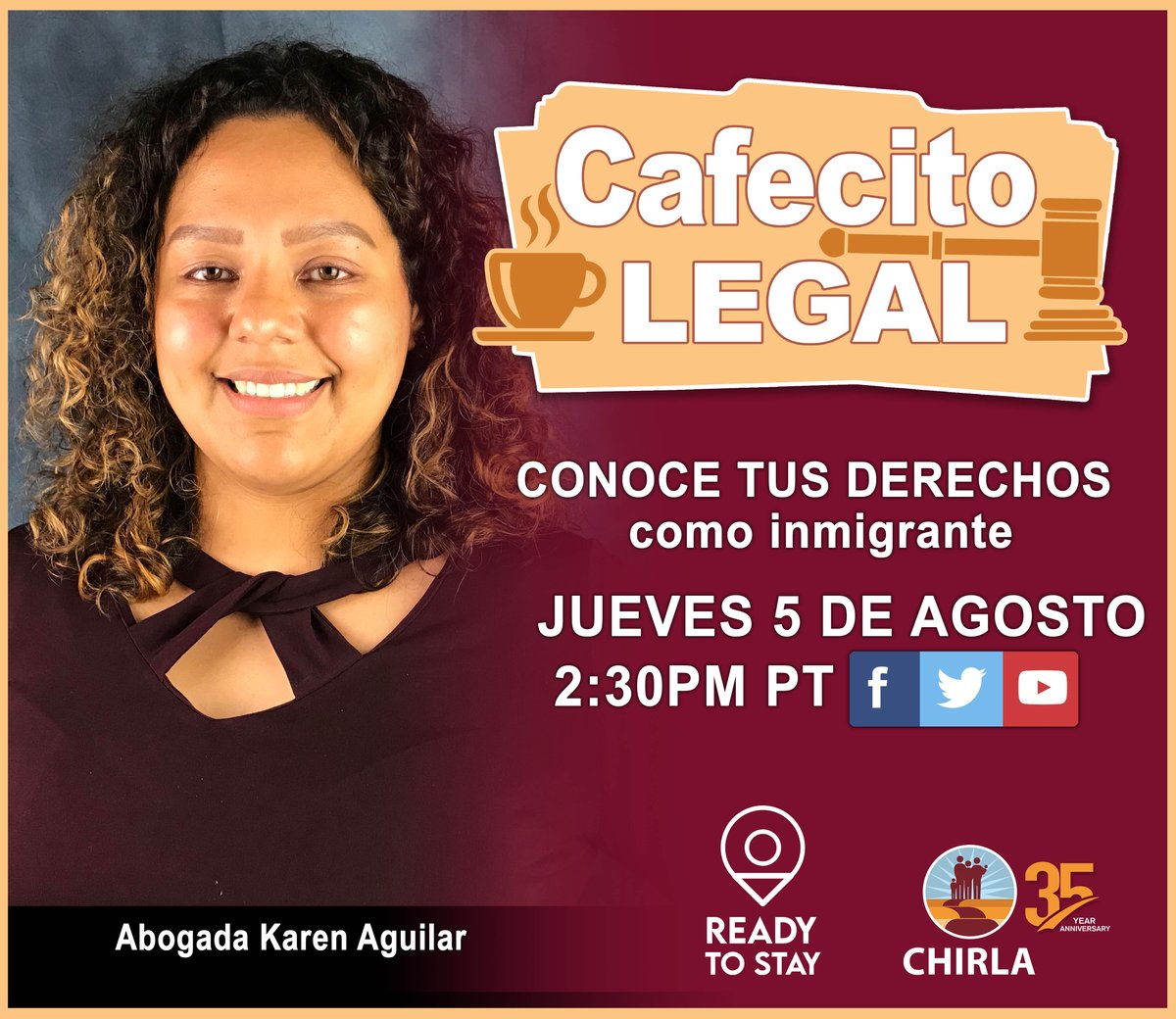 CHIRLA's tweet photo. Join us today at 2:30 PM for another episode of #CafecitoLegal👨‍⚖️ our attorney will answer your questions about your rights as an immigrant  #ReadyToStay https://t.co/UqRAF3FDLi