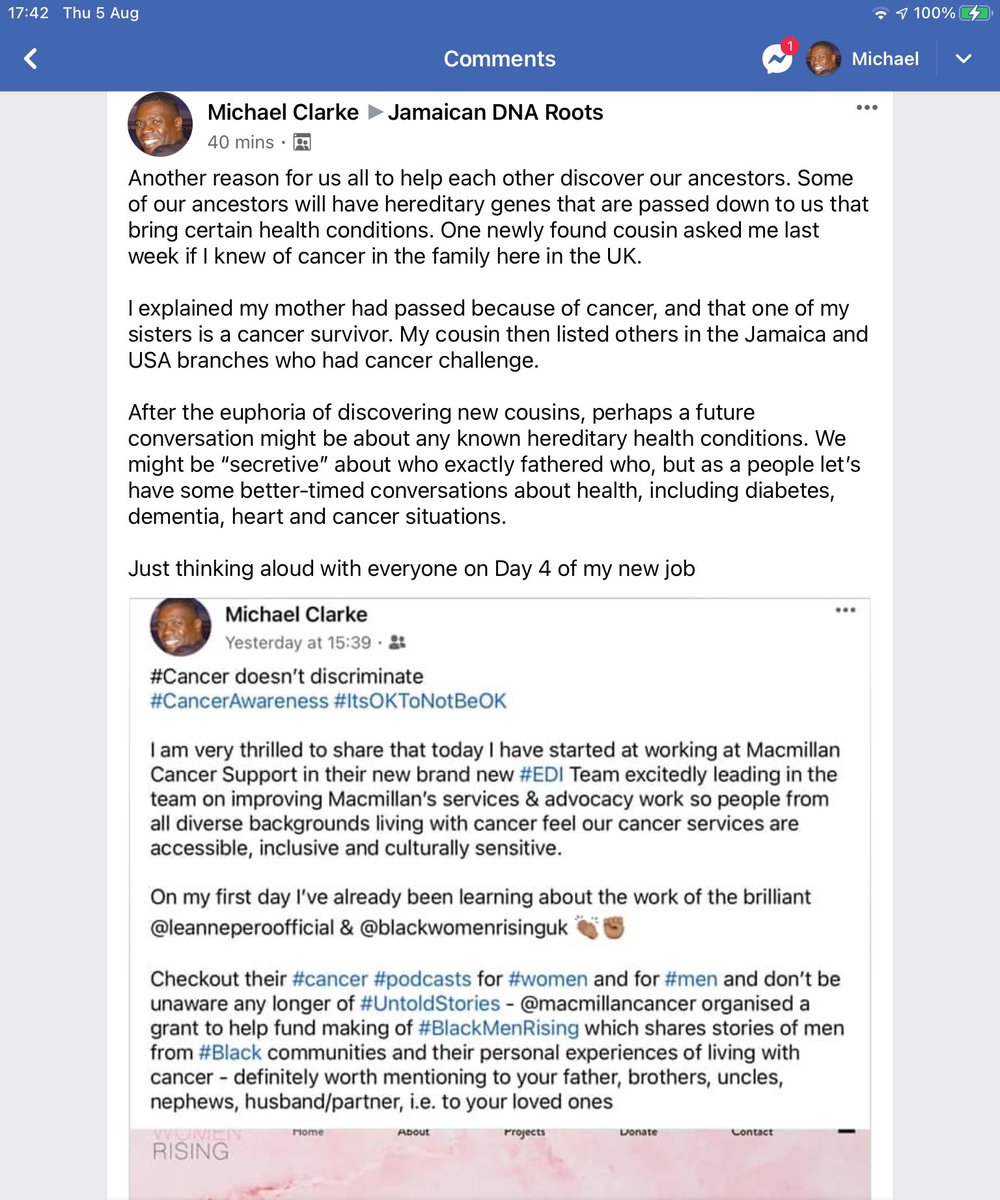 MichaelVClarke's tweet photo. @MikeClarkeEDI @leannepero @macmillancancer @BreastCancerNow @CR_UK @bowelcanceruk @YLvsCancer @TeenageCancer @ProstateUK @LeukaemiaCareUK @bloodcancer_uk It’s only #Day4 for me in the work world of #Cancer. There is so very much I want (and have) to achieve with @macmillancancer regarding services and advocacy
In my spare time I am searching my #Jamaica #ancestry 🧬but I will also volunteer my spare time to help Cancer♋️ awareness https://t.co/vZhJDnE1ZK