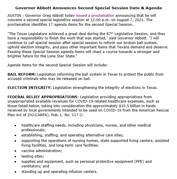 jaspscherer's tweet photo. NEW: @GovAbbott announces he'll call a second special session of the Texas Legislature starting at noon on Saturday, the day after the current one ends. 17-item agenda newly includes COVID relief appropriations & "legislation relating to legislative quorum requirements." #txlege https://t.co/11B9AKG7BR