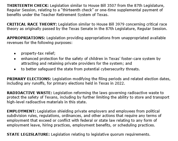 jaspscherer's tweet photo. NEW: @GovAbbott announces he'll call a second special session of the Texas Legislature starting at noon on Saturday, the day after the current one ends. 17-item agenda newly includes COVID relief appropriations & "legislation relating to legislative quorum requirements." #txlege https://t.co/11B9AKG7BR