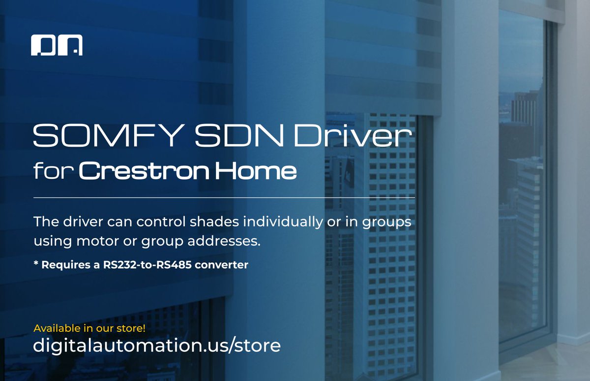 DAutomation's tweet image. Our @SomfyUS SDN driver is now available in @Crestron Home™. The driver can control shades individually or in groups (it requires a RS232-to-RS485 converter) and is now available in our store. Test it out with our free 30 minutes trial license!

#Crestron #somfy #crestroncontrol