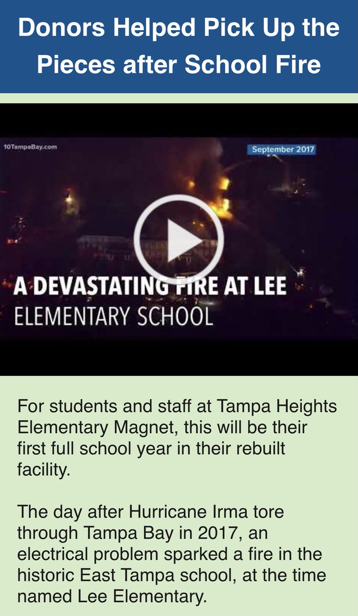 🏫 For students & staff @tampaheights305, this will be their first full school year in their rebuilt facility after a devastating fire in 2017. See how the community’s generosity to the HEF Relief Fund helped pick up the pieces: conta.cc/3jgOq20.